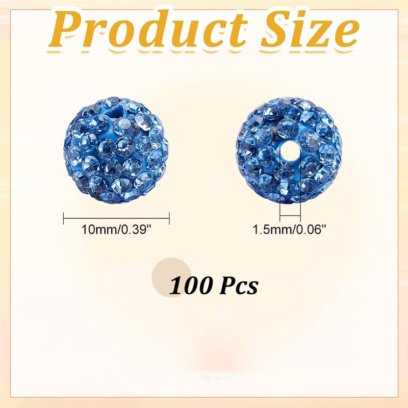 PH PandaHall 100pcs 10mm Blue Rhinestones Beads Pave Disco Ball Clay Beads Polymer Clay Rhinestone Bead Round Crystal Diamond Bead for Baseball Necklace Bracelet Earring Jewelry Making - Image 2